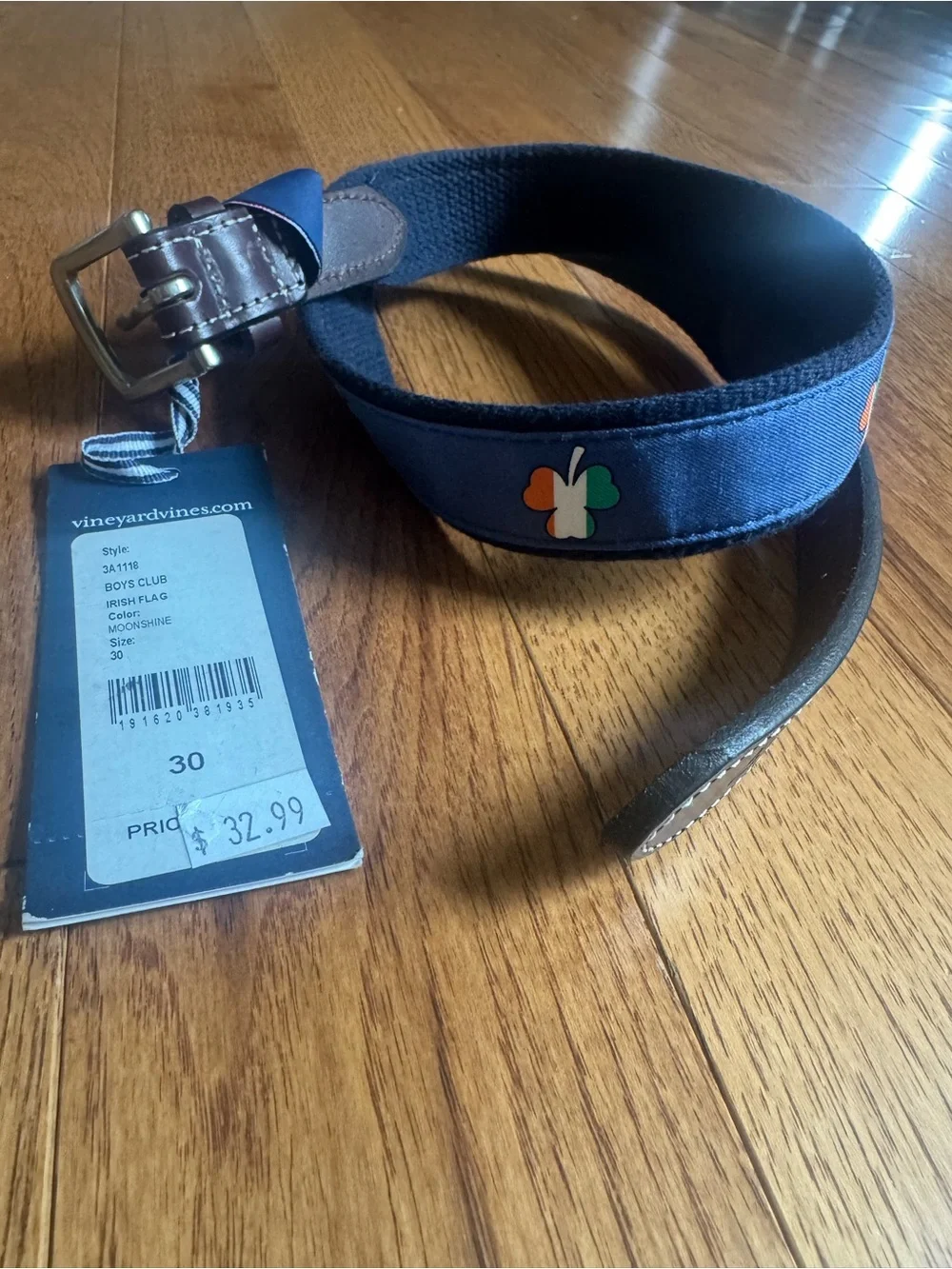 Vineyard Vines Navy Cotton Belt with Irish Flag Clover Accent